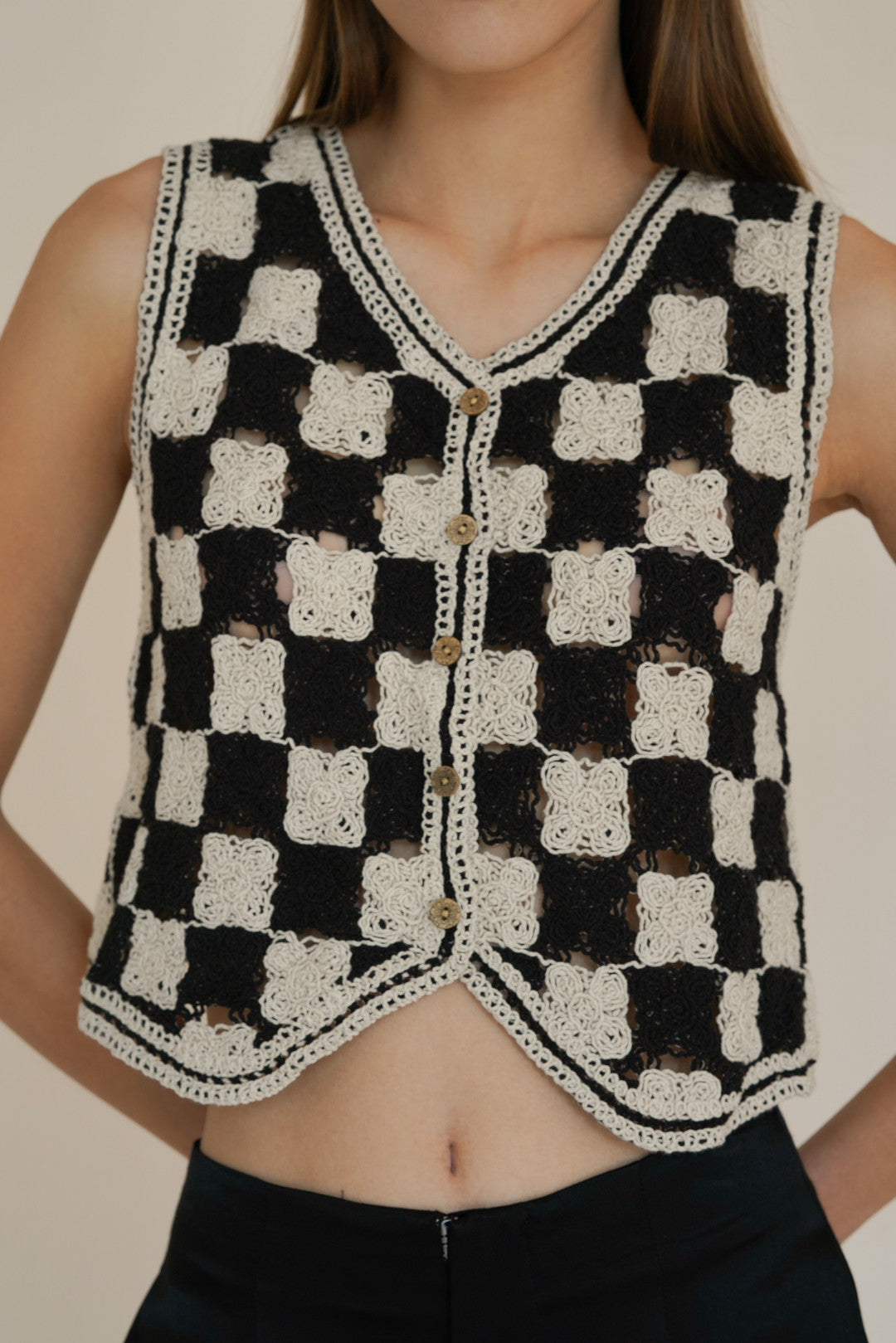 UUNIQ WEEKEND MARKET Checkerboard Knit Crochet Top